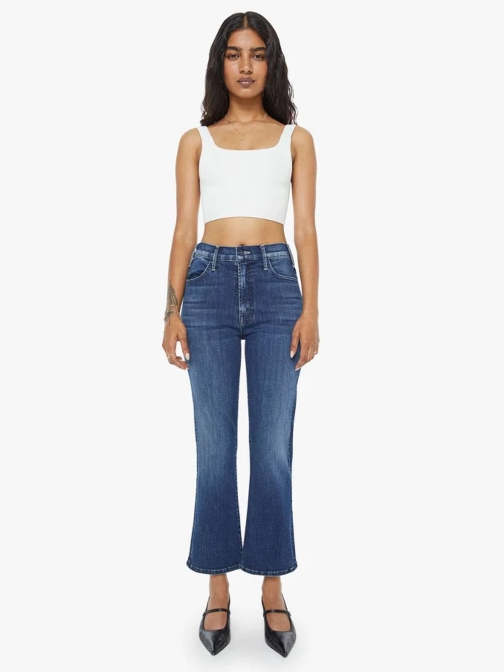 MOTHER || The Lil’ Hustler Ankle Jean Petite Crop Flare in Heirloom Blue 30P